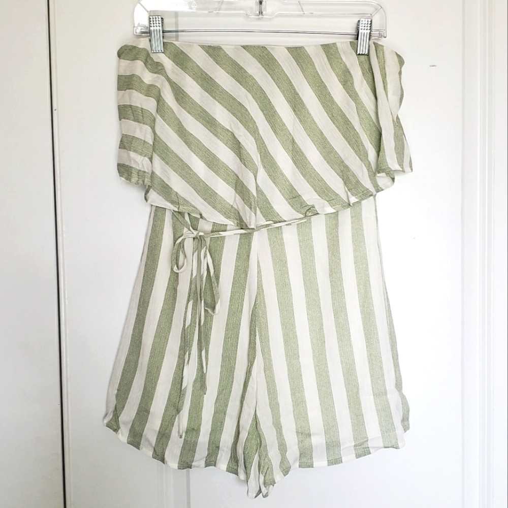 Le Lis Green and White Striped Off-Shoulder Romper